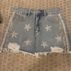 Embellished Denim Skirt with Star Accents
